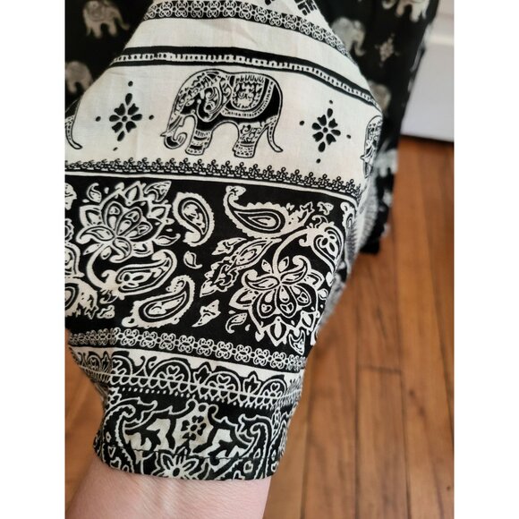 Black/White Elephant Spaghetti Strap Rayon Maxi Dress M Boho Artsy Travel - Picture 4 of 8